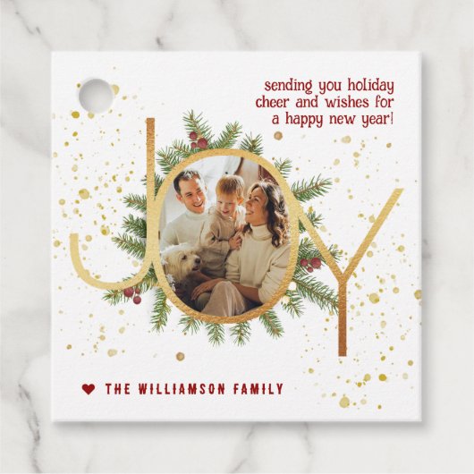 Trendy Joy Pine Boughs Wreath Christmas Photo Bedankjes Labels (Voorkant)