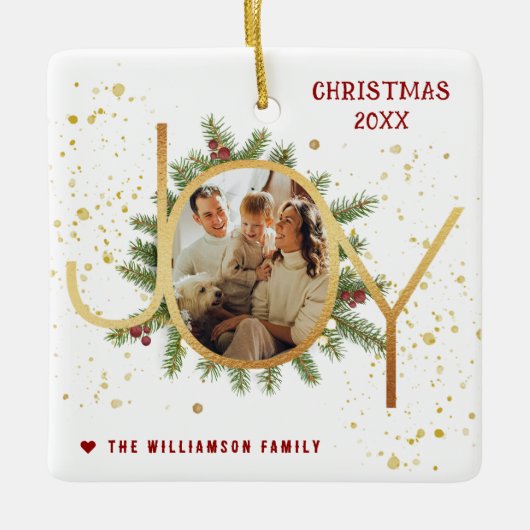 Trendy Joy Pine Boughs Wreath Christmas Photo Keramisch Ornament (Voorkant)