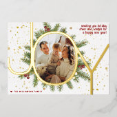 Trendy Joy Pine Boughs Wreath Christmas Photo Real Folie Feestdagenkaart (Voorkant)