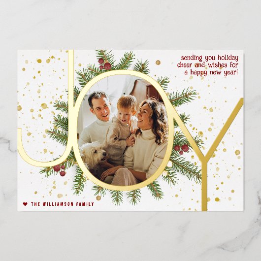 Trendy Joy Pine Boughs Wreath Christmas Photo Real Folie Feestdagenkaart (Voorkant)