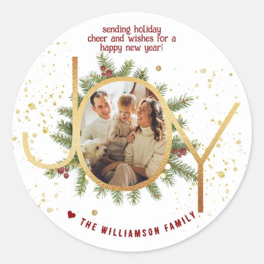 Trendy Joy Pine Boughs Wreath Christmas Photo Ronde Sticker (Voorkant)