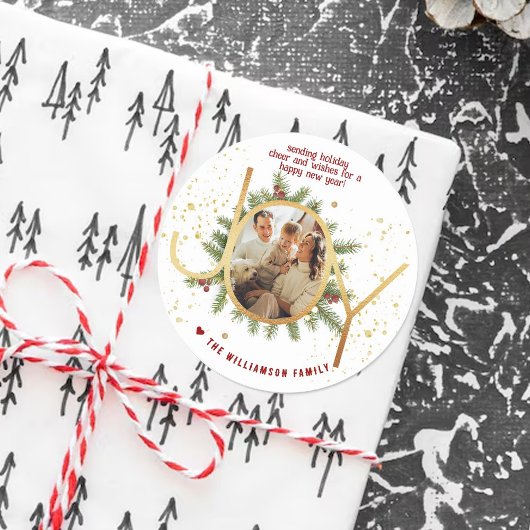 Trendy Joy Pine Boughs Wreath Christmas Photo Ronde Sticker