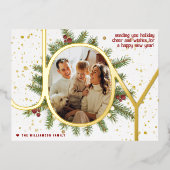 Trendy Joy Pine Boughs Wreats kerstfoto Real Folie Feestdagen Briefkaart (Voorkant)