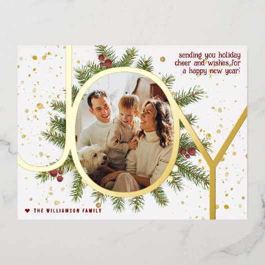 Trendy Joy Pine Boughs Wreats kerstfoto Real Folie Feestdagen Briefkaart (Voorkant)