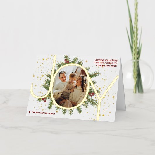 Trendy Joy Pine Boughs Wreats kerstfoto Real Folie Wenskaart (Voorkant)