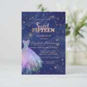 Trendy jurk sterren marineblauw holografisch zoet  kaart (Staand voorkant)