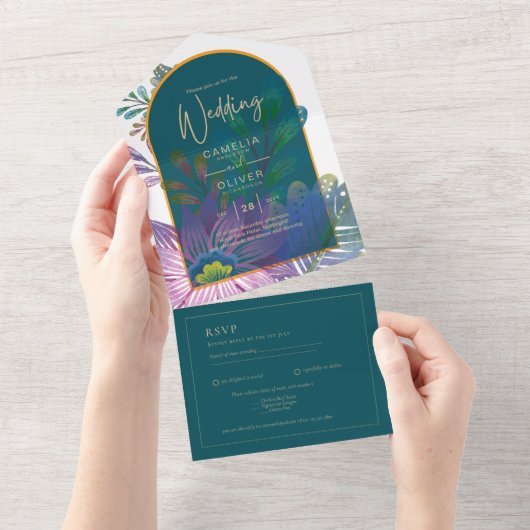 Trendy juweeltoon-thee-maroon goud bruiloft all in one uitnodiging (Afscheurbaar)