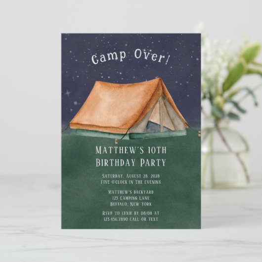 Trendy Kamp Over Slaapfeest Jongens Verjaardagsfee Kaart (Staand voorkant)