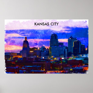 Trendy Kansas City Skyline Travel Waterverf Poster