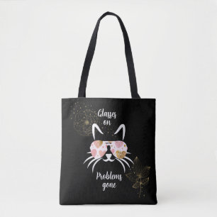 Trendy kat met bril op zwarte achtergrond tote bag
