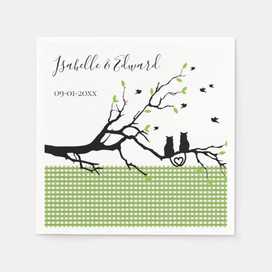 Trendy katten in liefde mos groen gingham bruiloft servet (Voorkant)