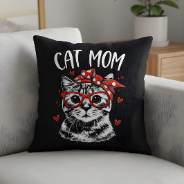Trendy kattenmoeder met bril en bandana Zwart Kussen