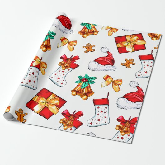 Trendy Kerst Elementen Patroon Inpakpapier (Uitgerold)