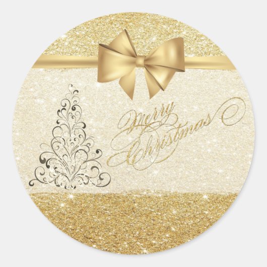 Trendy kerstboom, Faux Gold Bow, Glittery Ronde Sticker (Voorkant)