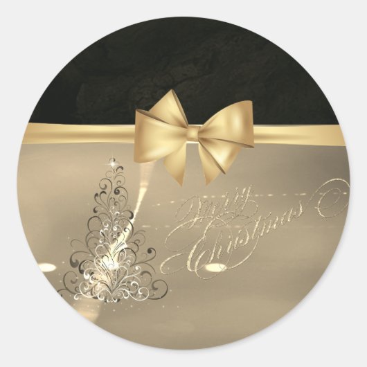Trendy kerstboom, Faux Gold Bow Ronde Sticker (Voorkant)