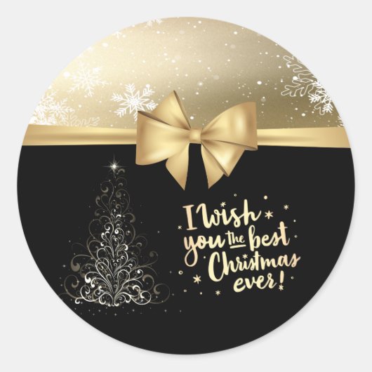 Trendy kerstboom, Faux Gold Bow, Snowflakes Ronde Sticker (Voorkant)
