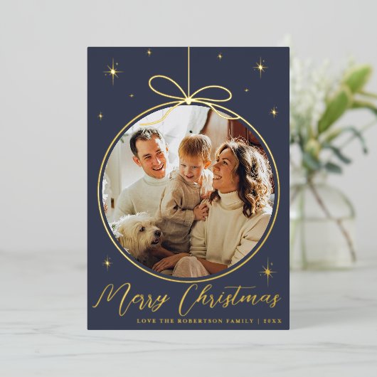 Trendy kerstornament Photo Lijst Real Folie Feestdagenkaart (Staand Voorkant)