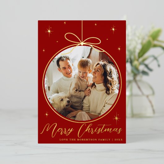 Trendy kerstornament Photo Lijst Real Folie Feestdagenkaart (Staand Voorkant)