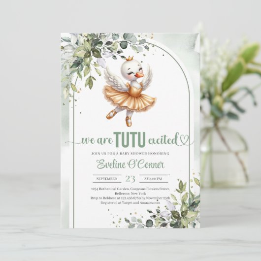 Trendy kleine zwaan met gouden tutu jurk groen kaart (Staand voorkant)