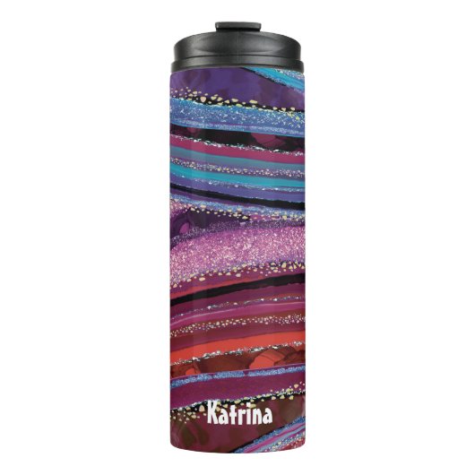 Trendy kleurrijke gestreepte glitteragaat thermosbeker (Voorkant)