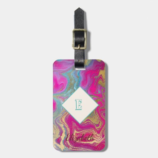 Trendy Kleurrijke Marmer, Initiaalmonogram Bagagelabel (Voorkant verticaal)