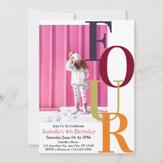Trendy kleurrijke meisje vier verjaardag foto kaart (Voorkant)