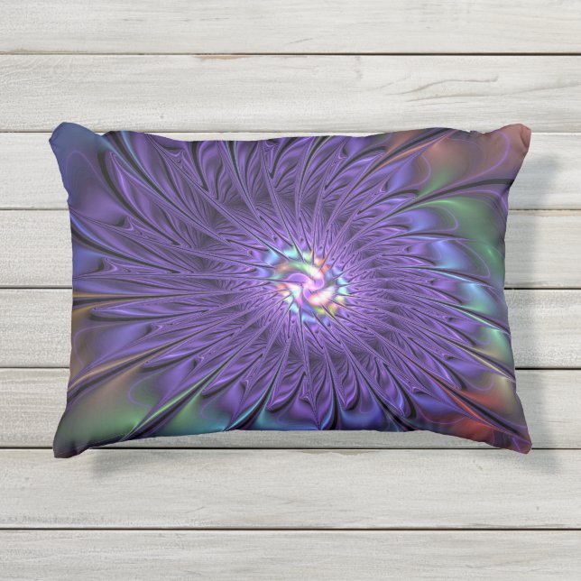 Trendy Kleurrijke Moderne Abstracte Fractale Bloem Buitenkussen (Voorkant)