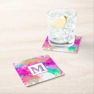 Trendy Kleurrijke Verf Splash Glitter Monogram Kartonnen Onderzetters