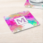 Trendy Kleurrijke Verf Splash Glitter Monogram Kartonnen Onderzetters (Schuin)