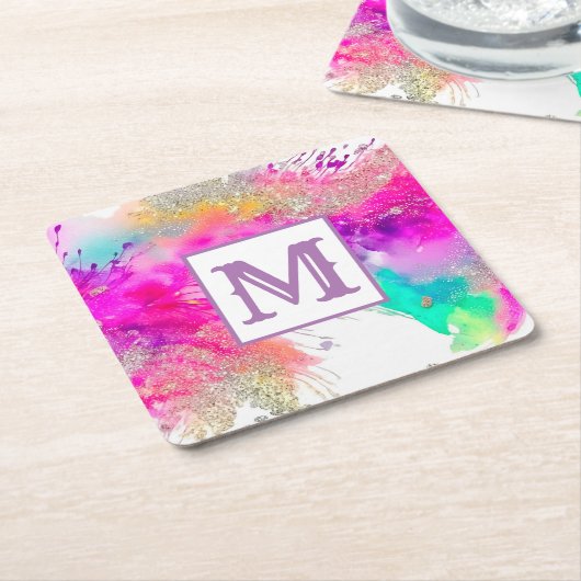 Trendy Kleurrijke Verf Splash Glitter Monogram Kartonnen Onderzetters (Schuin)