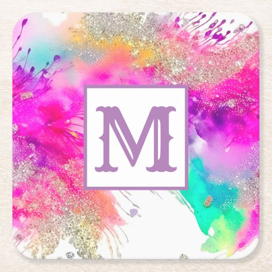 Trendy Kleurrijke Verf Splash Glitter Monogram Kartonnen Onderzetters (Voorkant)