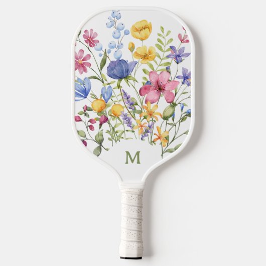 Trendy Kleurrijke Wildbloemen met Monogram Pickleball Paddle (Achterkant)