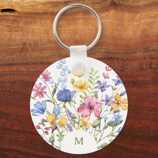 Trendy Kleurrijke Wildbloemen met Monogram Sleutelhanger (Voorkant)