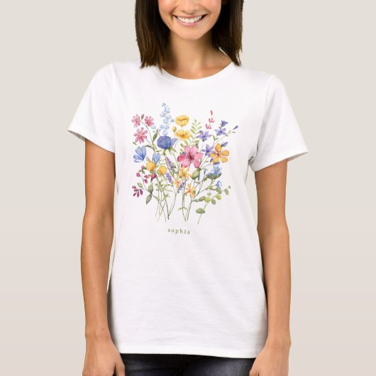Trendy Kleurrijke Wildbloemen met Monogram T-shirt (Voorkant)