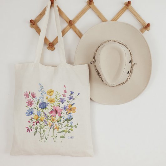 Trendy Kleurrijke Wildbloemen met Monogram Tote Bag