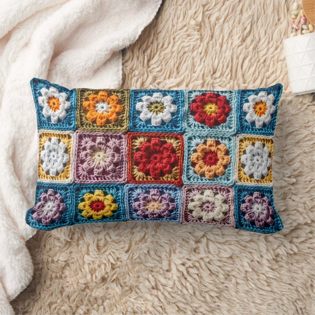 Trendy Knit Granny Square Kleurrijk Bloemenpatroon Kussen (Deken)