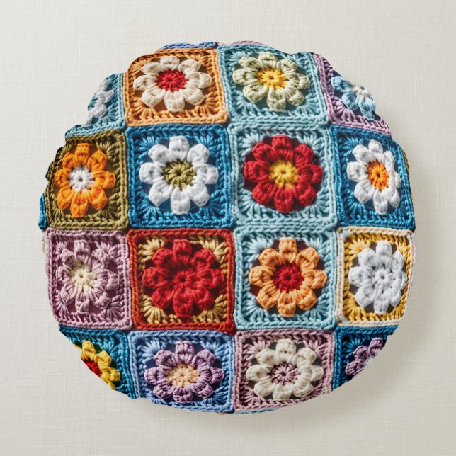 Trendy Knit Granny Square Kleurrijk Bloemenpatroon Rond Kussen (Voorkant)