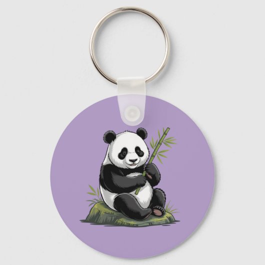 Trendy Knuffel Panda Beer Met Groene Bamboe Paars Sleutelhanger (Voorkant)
