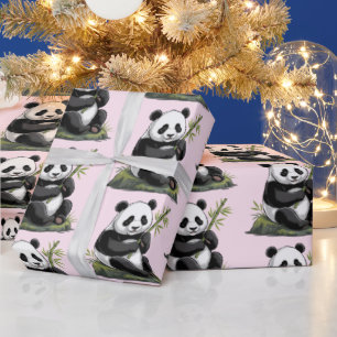 Trendy Knuffelbare Pandabeer Met Groene Bamboe Roz Cadeaupapier