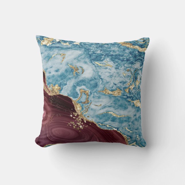 Trendy Koel Blau Bourgondië Marmer Steen Textuur Kussen (Voorkant)