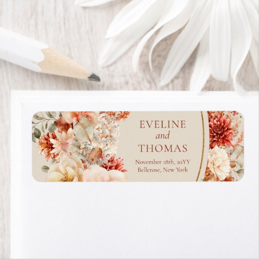 Trendy koperen blush en bordeaux bloemen salie etiket (Insitu)