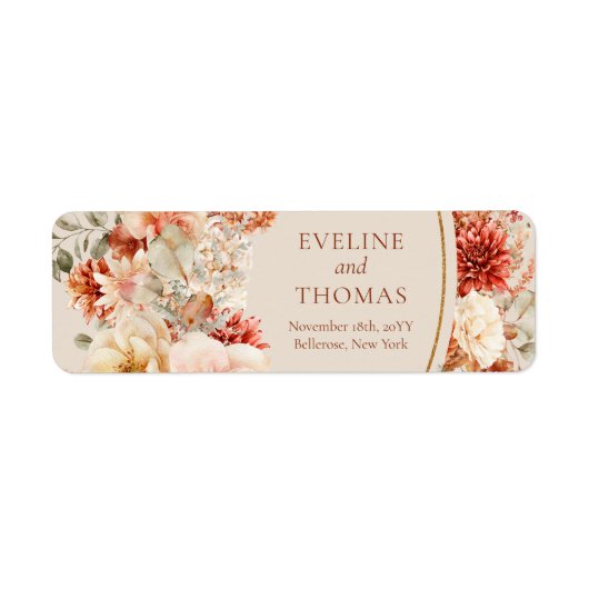 Trendy koperen blush en bordeaux bloemen salie etiket (Voorkant)