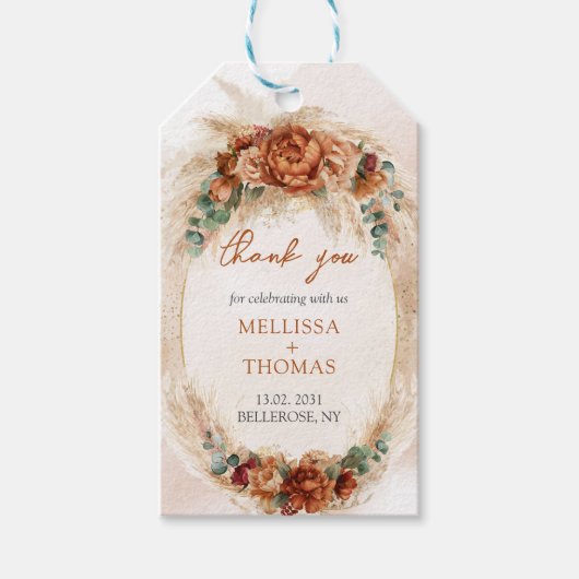 Trendy koperen bordeaux bloemen pampas eucalyptus cadeaulabel (Voorkant)