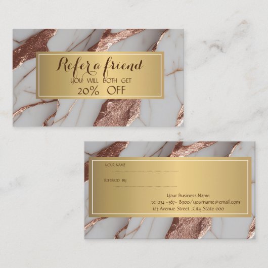 Trendy koperen glitter marmer aanbevelingskaartje (Voorkant / Achterkant)