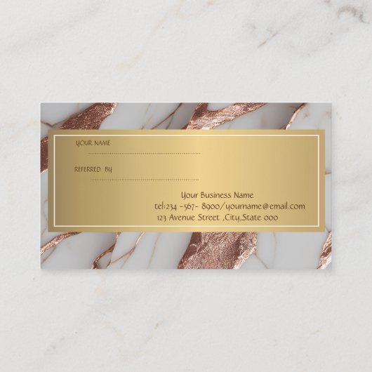 Trendy koperen glitter marmer aanbevelingskaartje (Achterkant)