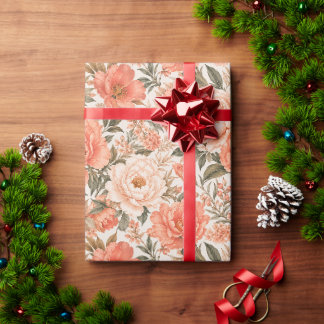 Trendy Koraal en Perzik Bloemkunst Cadeaupapier