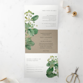 TRENDY KRAFT BERRY LEAFY FOLIAGE GREENERY WEDDING DRIELUIK UITNODIGING