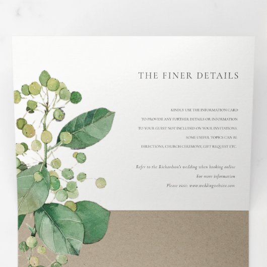 TRENDY KRAFT BERRY LEAFY FOLIAGE GREENERY WEDDING DRIELUIK UITNODIGING (Binnenzijde eerst)