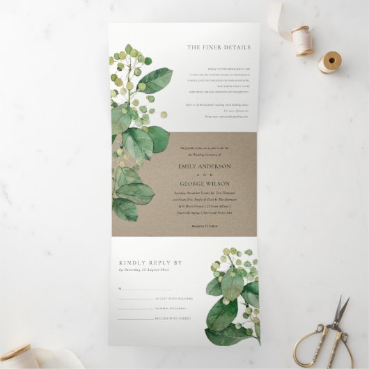 TRENDY KRAFT BERRY LEAFY FOLIAGE GREENERY WEDDING DRIELUIK UITNODIGING (Binnen)