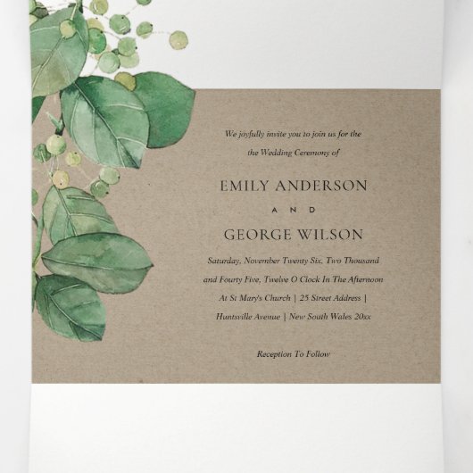 TRENDY KRAFT BERRY LEAFY FOLIAGE GREENERY WEDDING DRIELUIK UITNODIGING (Binnenkant midden)